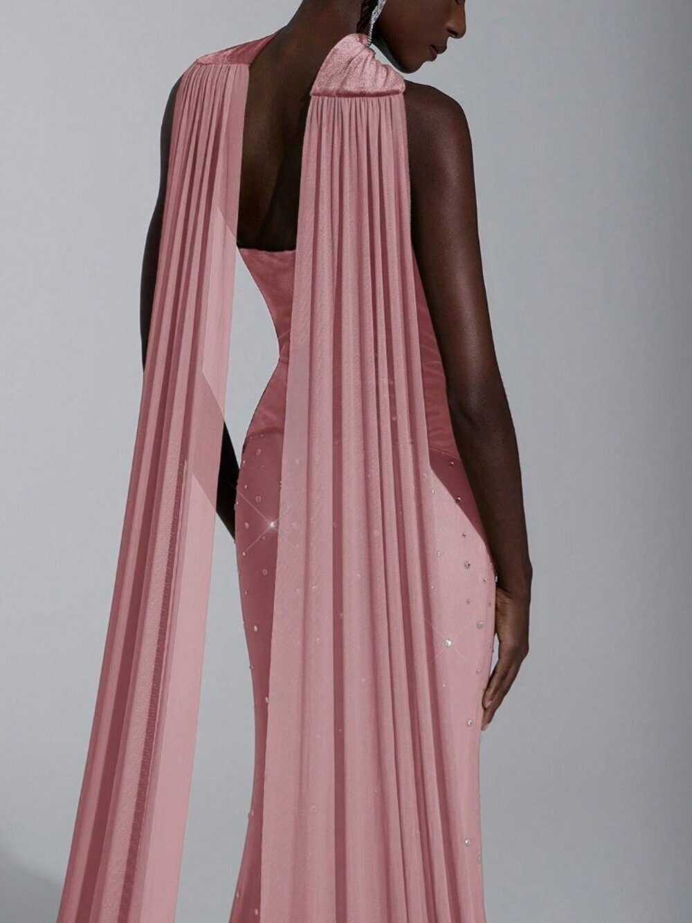 Dusty Pink Velvet Party Women's Fishtail Evening Gown - Picture 4 of 7